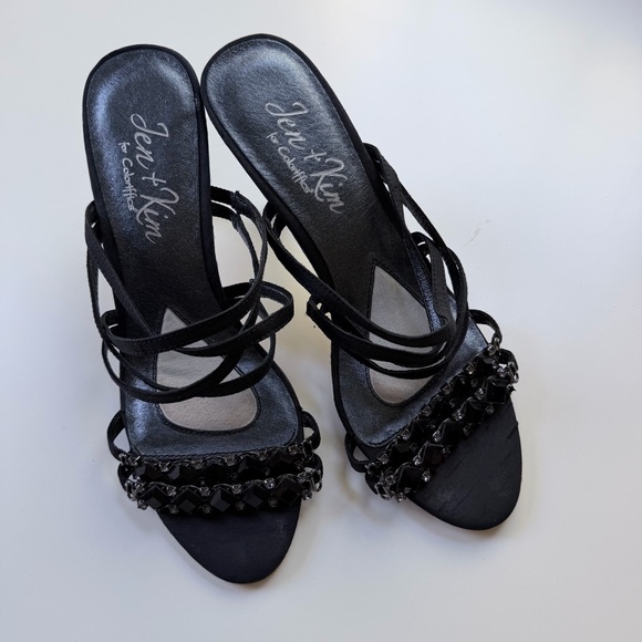 Jen +Kim Shoes - Black Strappy Heeled Sandals with Chain Detail